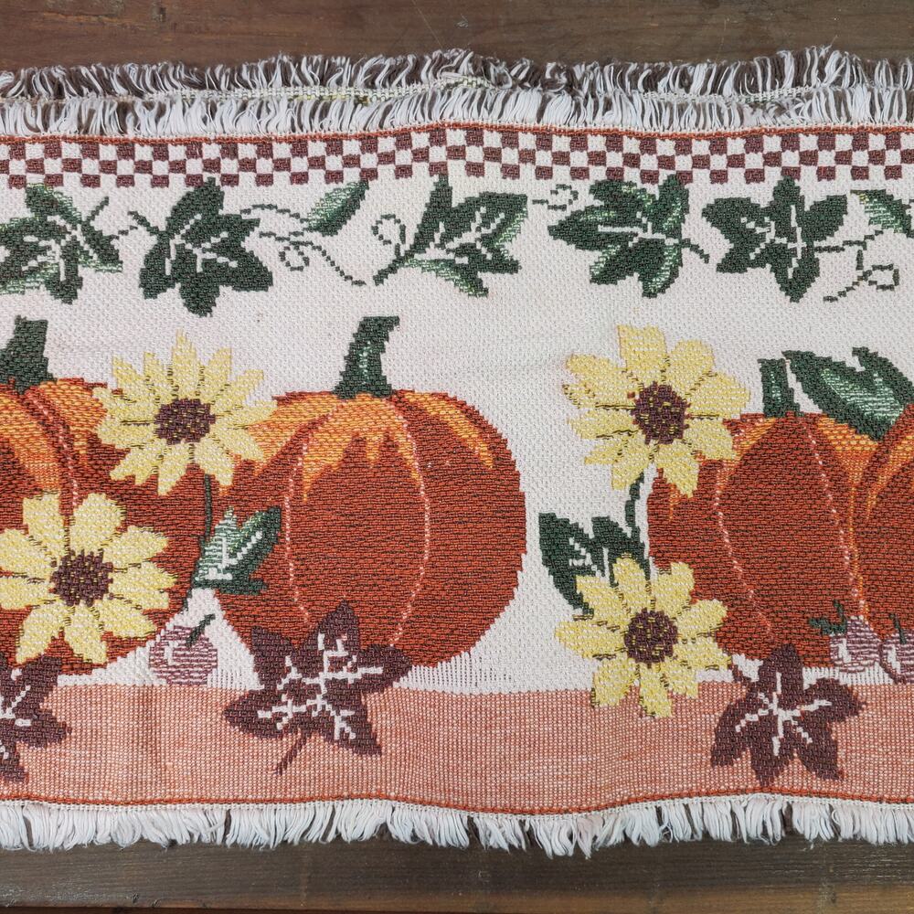Vintage Doily Weave Table Runner 62x12 Pumpkin Sunflower Fringe Edge